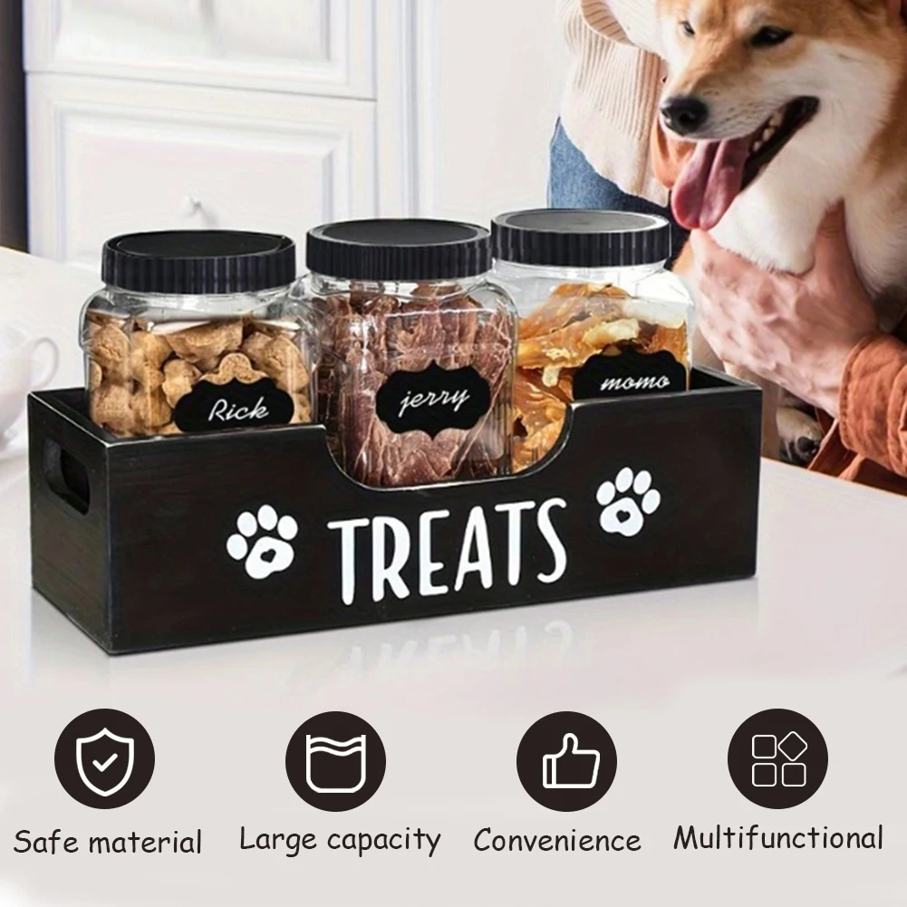 Wooden Pet Snack Storage Box with 3 Plastic Airtight Treat Jar Dog Cat Treat Container Dog Treat Bin Holder Pet Supply Organizer