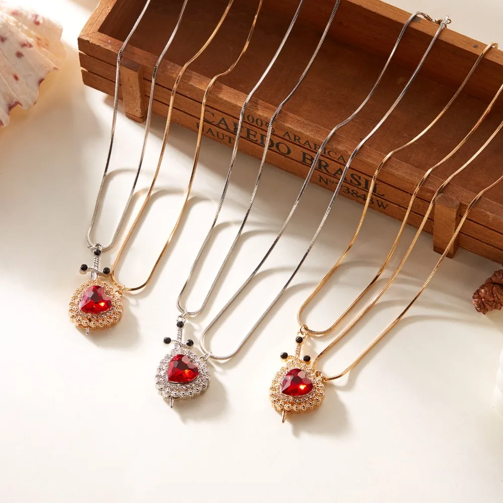 Gothic Punk One Arrow Through The Heart Creative Two Color Couple Red Rhinestone Heart Dagger Pendant Necklace Good Friend Gift