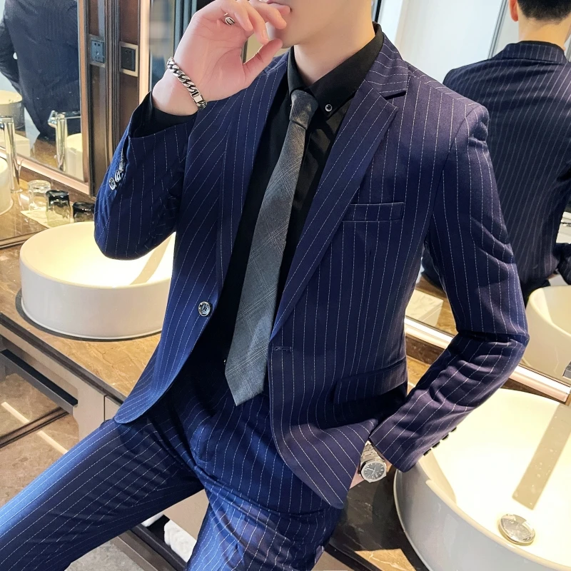 Men's Slim Fit Two-Piece Formal Suit Set Spring Autumn Stripes Business Casual Trousers And Jacket Combo