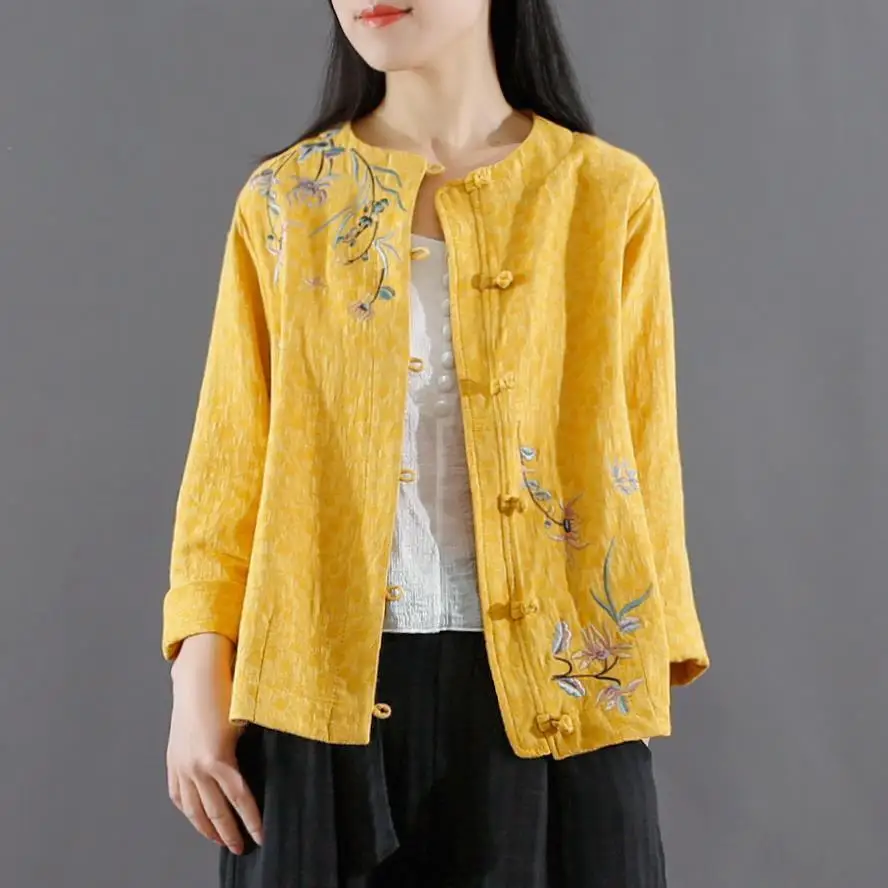 

2023 spring and autumn new art retro plate button embroidered cotton and hemp casual daily improved tangsuits hanfu blouse