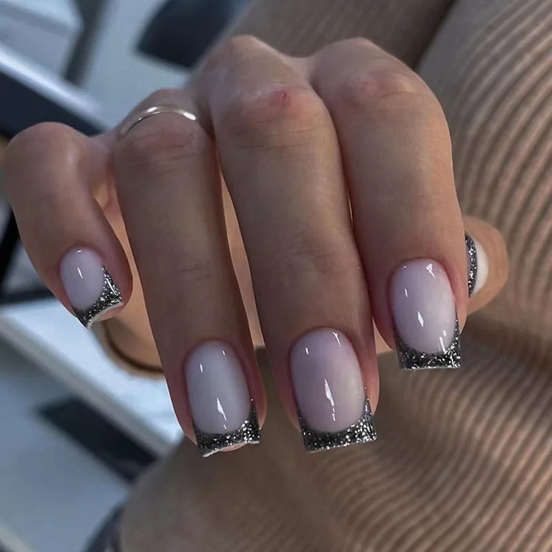 Fake Nails French Nails False Nails Spring Colorful French Fake Nail with Designs Short Square Head Press on False Nails Wearable Simple Jelly Sticks on Nails 24Pcs