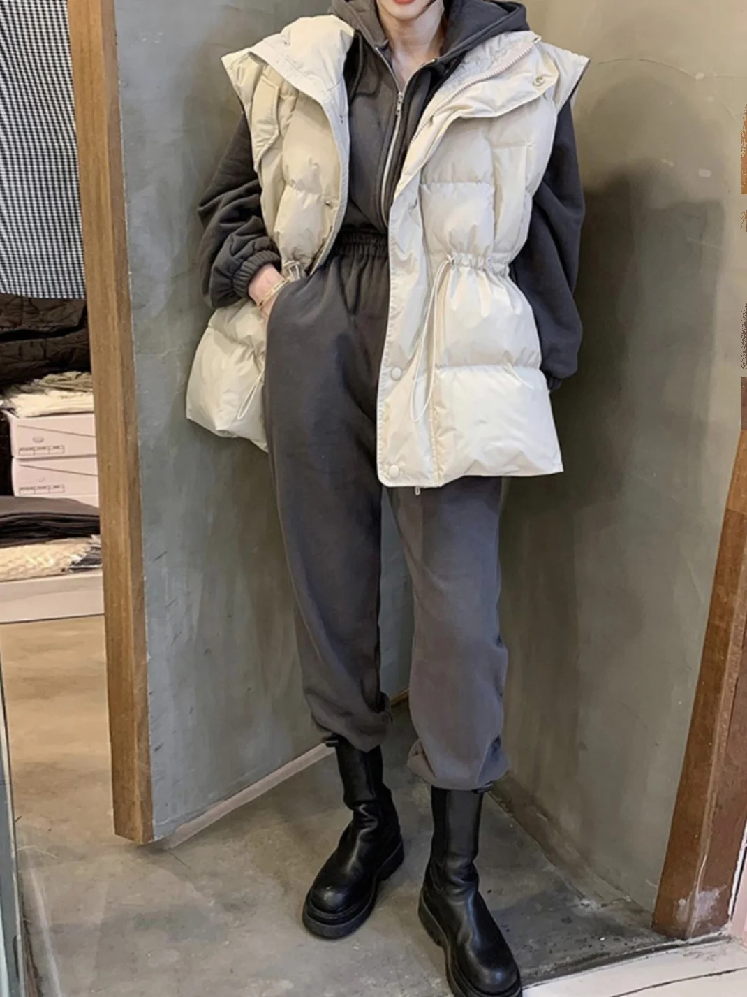 Women's Bread Coat Jaet Stand Collar Loose Slimming Dstring Waist Zipper Warm down Cotton Vest Outerwear