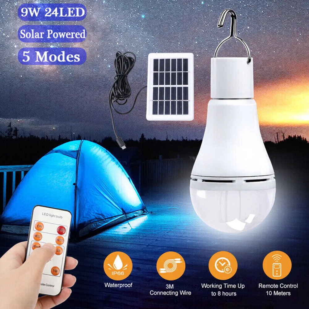 Lampe Solaire LED Portable 12W - 24 LED, 5 Modes, Télécommande, Batterie Rechargeable - Pour Camping, Jardin