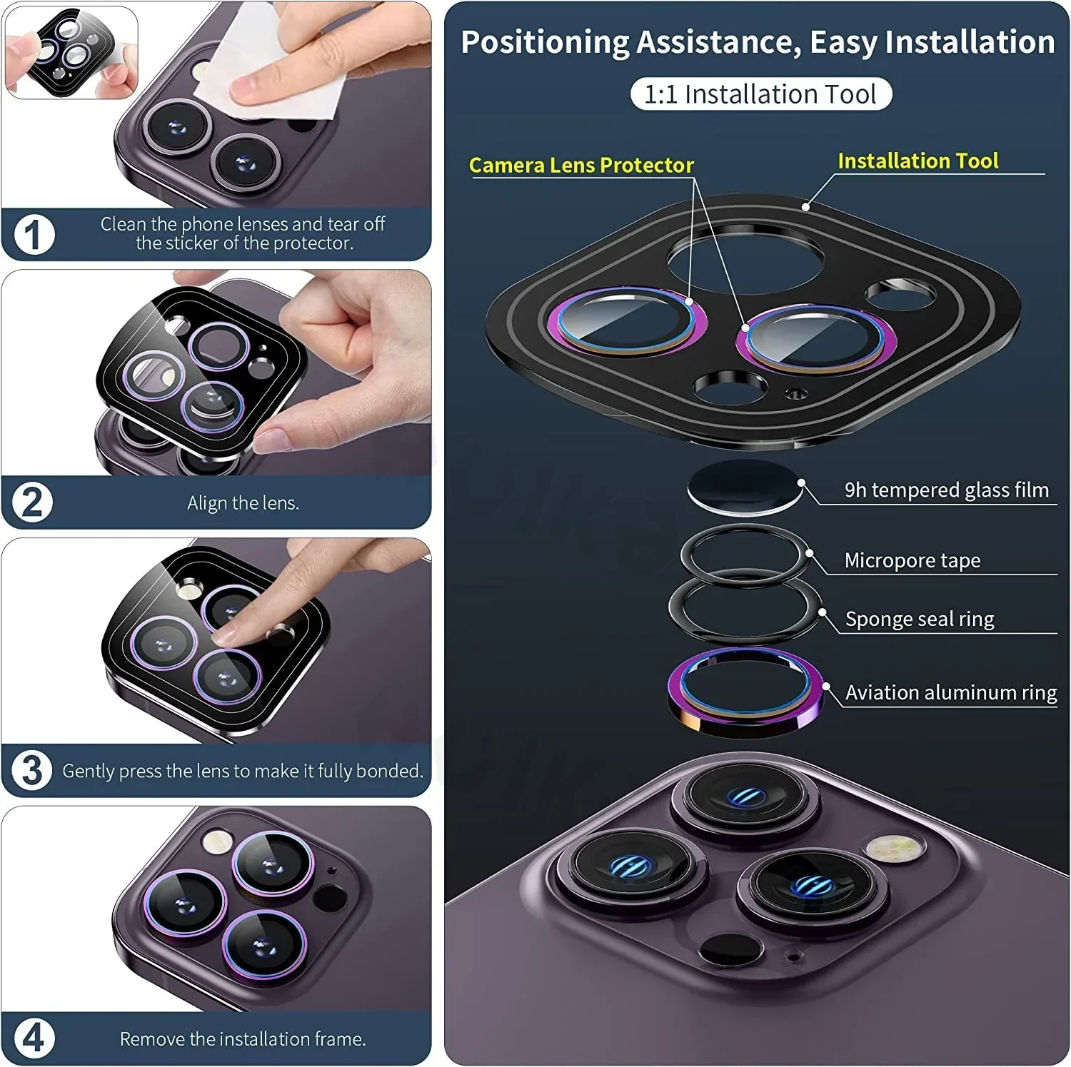 Premium 2 PCS Tempered Glass Camera Lens Protector with Metal Scratch Protection