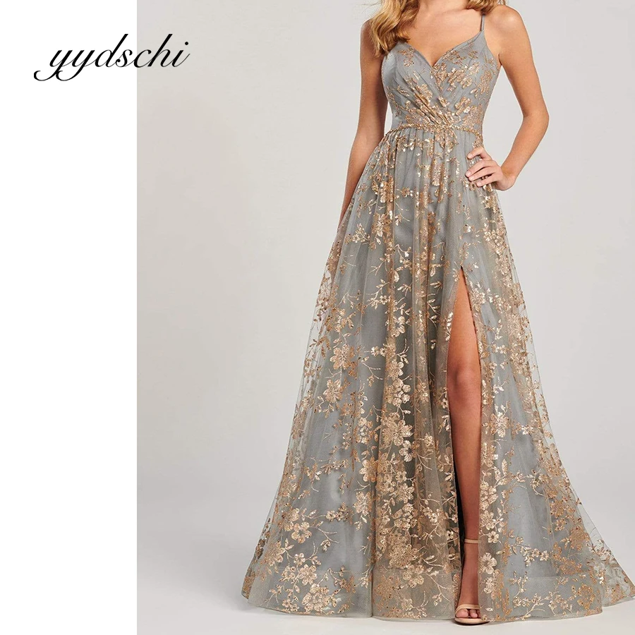 

Shiny Spaghetti Strap Prom Dress Sweetheart Tulle Split Lace Sexy V-Neck A-Line Floor Length Sexy Backless Dresses for Women