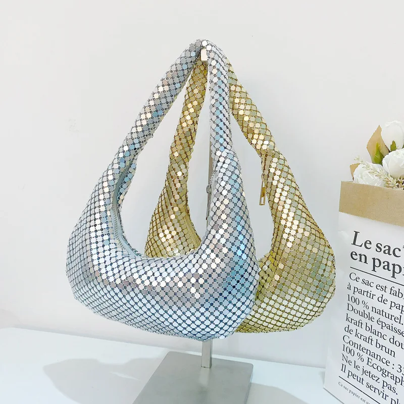 

Роскошная металлическая сетчатая женская сумка на плечо, дизайнерские брендовые ажурные Серебристые дамские сумочки под подмышку, модные вечерние золотистые сумки-хобо