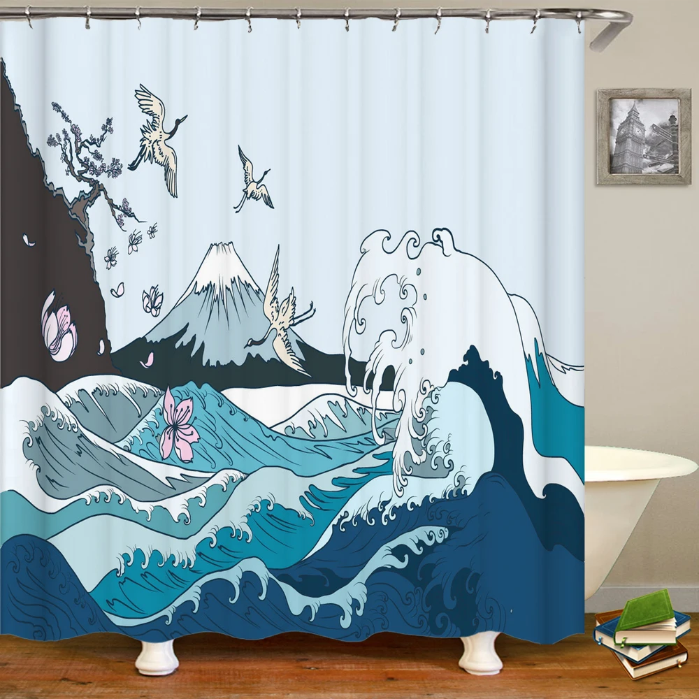 

Japanese style Sea Waves Fabric Shower Curtain Bathroom Curtains Waterproof Polyester Home Decoration Bath Curtain with 12 Hooks