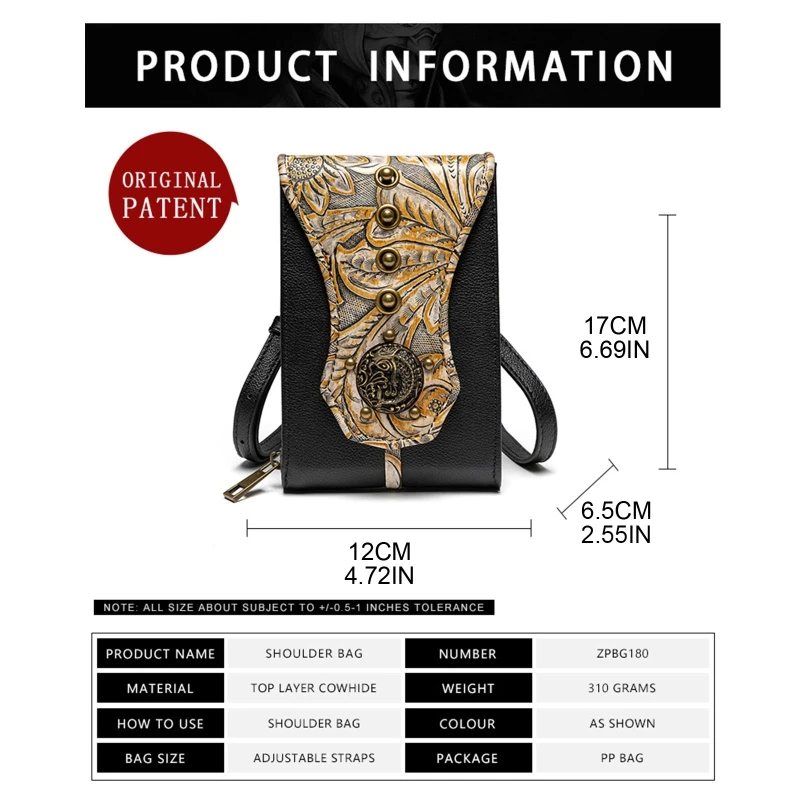 Vintage Small Waist Bag Gothic Embossed Rivet Crossbody Bag Cowhide Shoulder Bag Bag for Friends Birthday