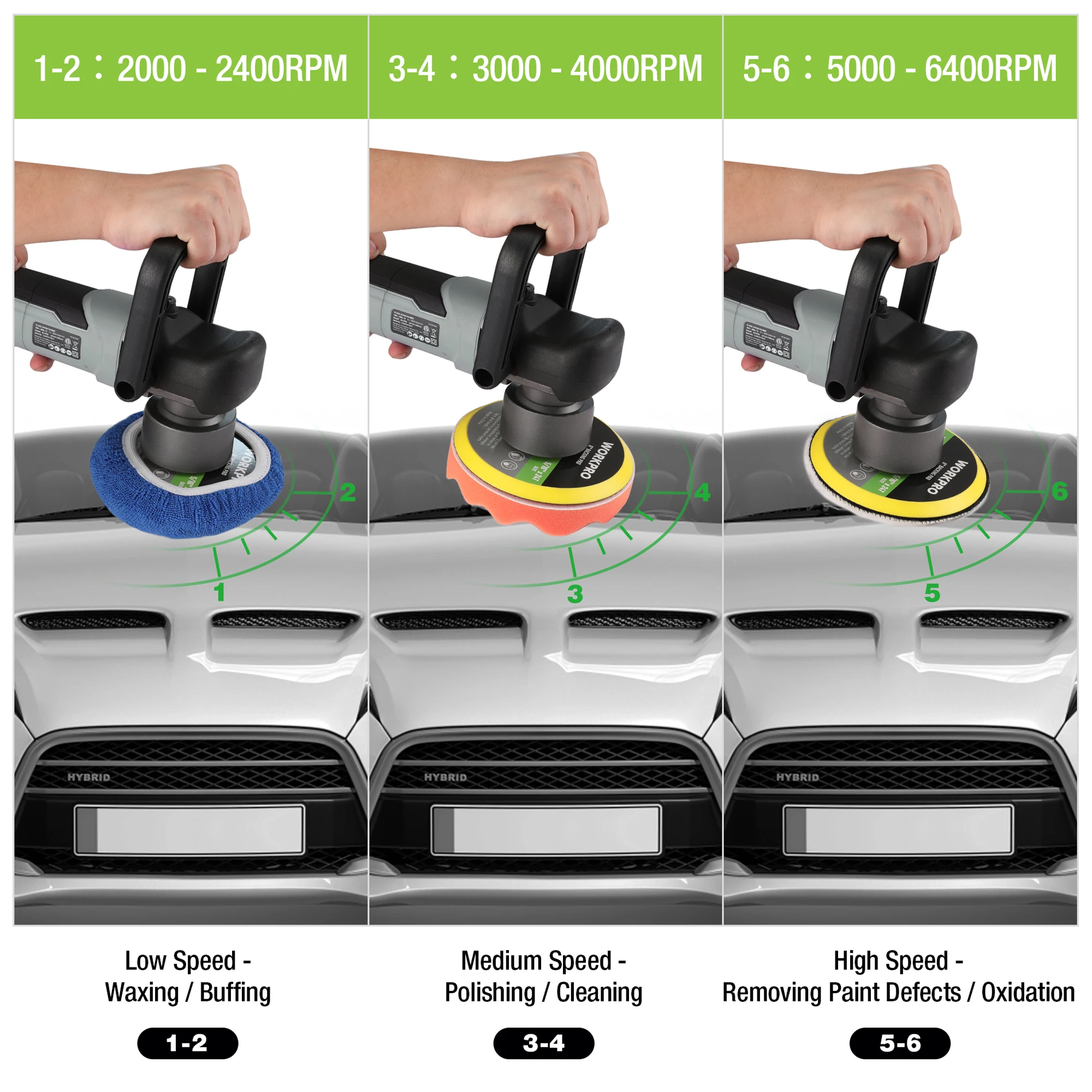 WORKPRO Car Buffer Polisher Kit, 6 Inch 6400RPM Dual Action Polisher with 6 Variable Speeds, 7A Orbital Buffer