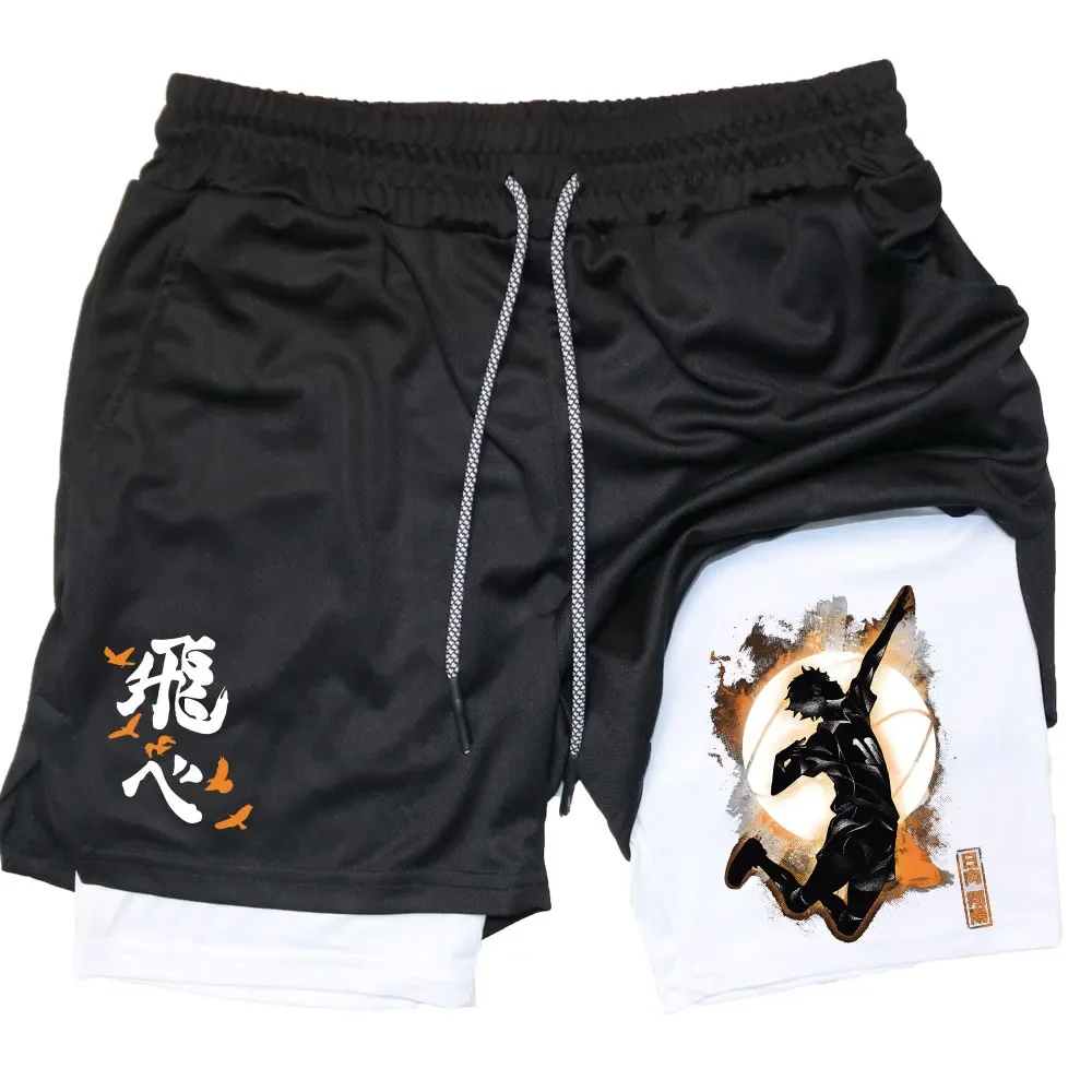 Anime Haikyuu 2 in 1 Compreesion Shorts for Men Gym Workout Running Volleyball Athletic Summer Performance Shorts with Pockets 2