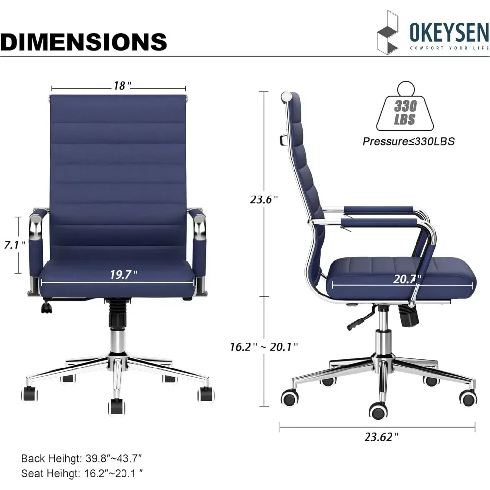 "ergonomic navy blue desk chair for office, modern leather swivel seat, executive ribbed adjustable height"