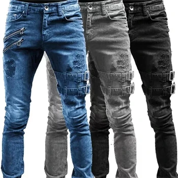 Retro Moto Biker Jeans elastici dritti Uomo Foro con cerniera Streetwear Punk Skinny Denim Pantaloni cargo Pantalones Hombre Y2K Abbigliamento 1