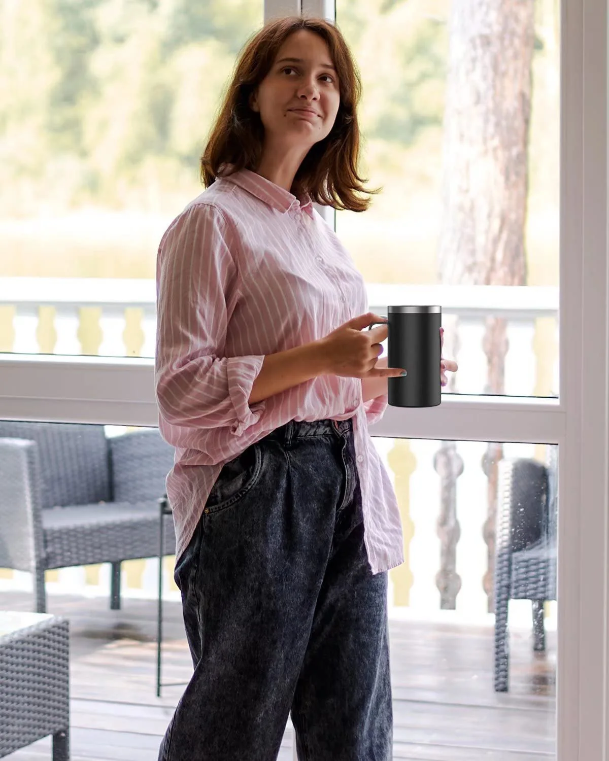 Taza de café aislada de acero inoxidable con tapa, vaso de café al vacío de doble pared con mango, 24oz, 680ml - Image 6