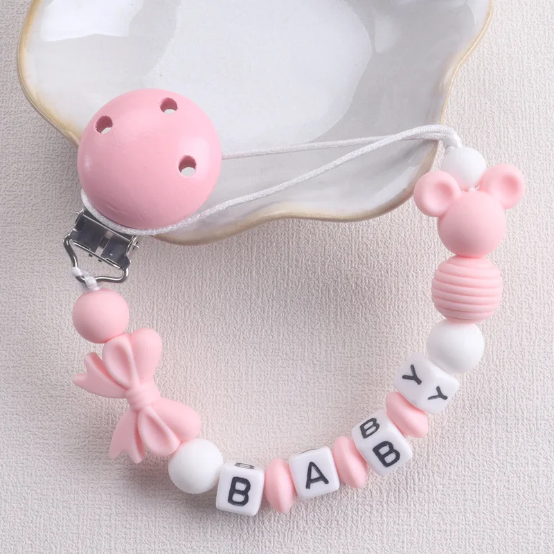 Personalised Name Cute Mouse with Bow Pacifier Chain Alphabet Beaded Baby Soother Holder