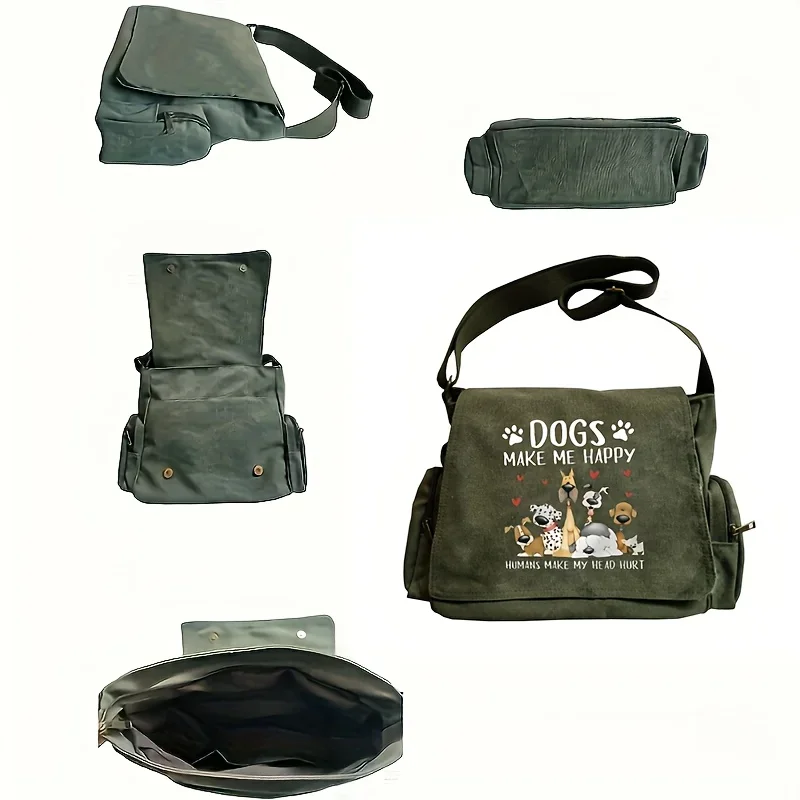 Large Capacity Women's Bag Retro Tote Shoulder Bag Dog Print Large Capacity Student's Crossbody Book Bag