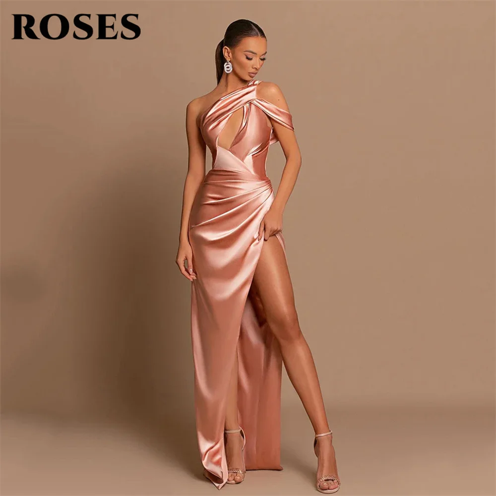 Женское вечернее платье-русалка, розовое атласное платье с разрезом и открытым плечом, платье для выпускного вечера, 2019