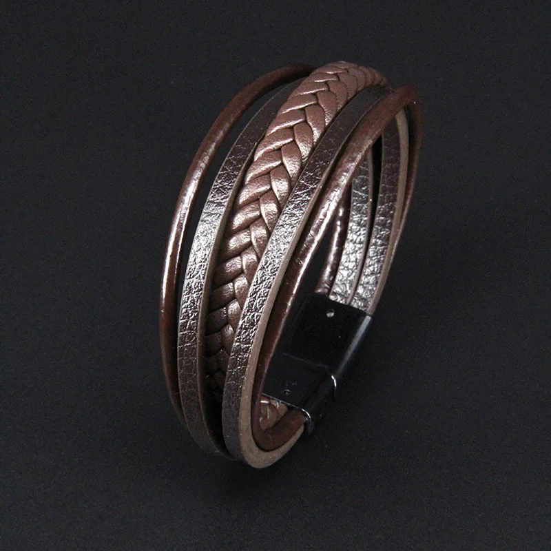 ZG Multi Layered Hand Woven Leather Rope Magnetic Suction Bracelet for Men Vintage Jewelry