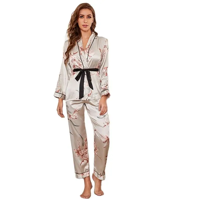 

New Sleepwear Pajama Women Satin Long Sleeve Pajamas Set V Neck Silk Pyjamas Nightwear Pijama de mujer Female Pyjamas Robes Set