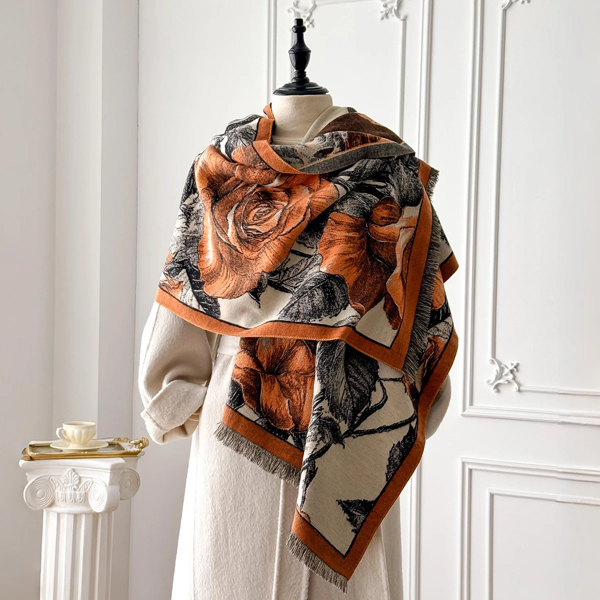 Women's Winter Rose Print Pashmina Shawl Cashmere Feel Large Warm Ideal for Outdoor with Tassels Blanket Poncho