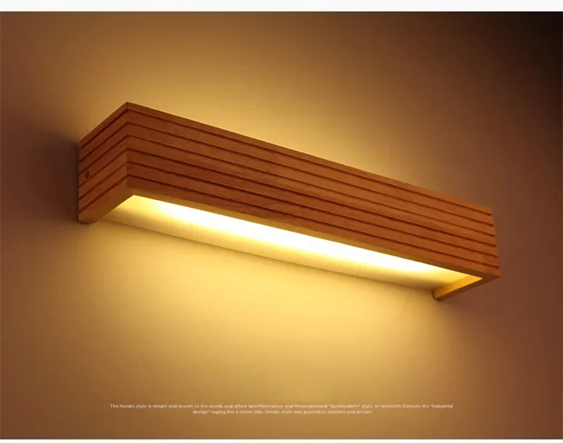 The Rectangle Wooden Wall Light, featuring Scandinavian design elements, emits a warm glow against a plain wall with its efficient LED lighting.