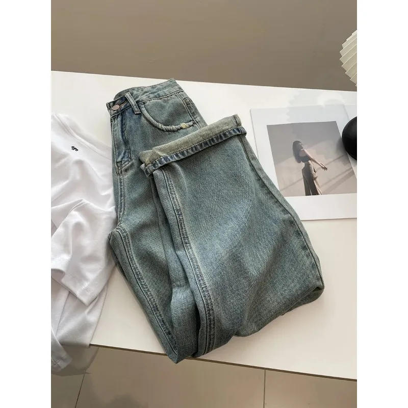 Jean pour femme déchiré bleu clair, coupe large, taille haute, ample, printemps-été, pantalon amincissant droit