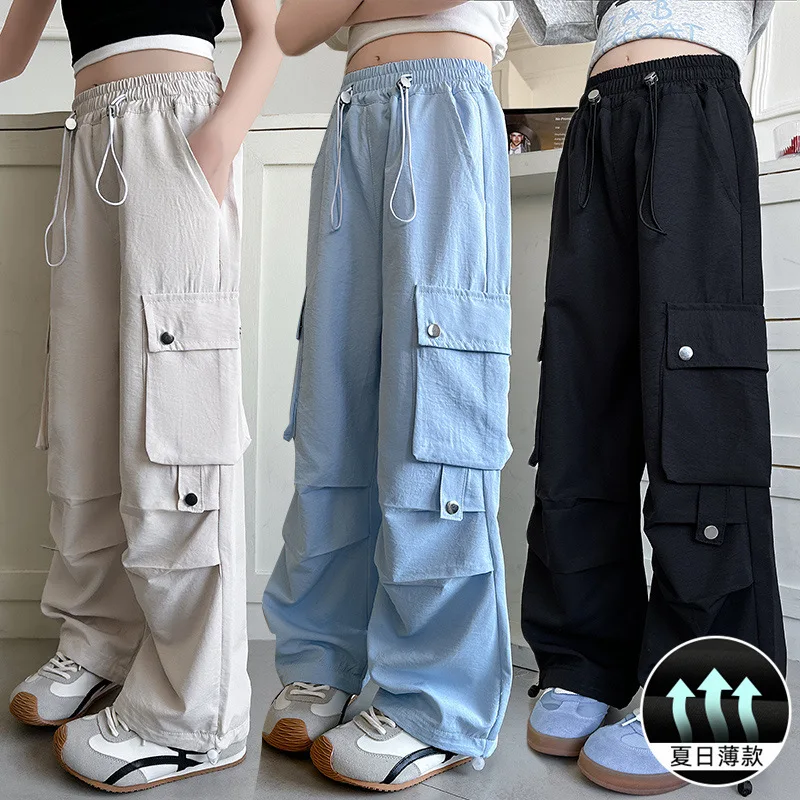 Girls Workwear Pants Summer Big Children Fashion 3 Colors Ice Silk Loose Straight Leg Trousers For 5-14Years Kids