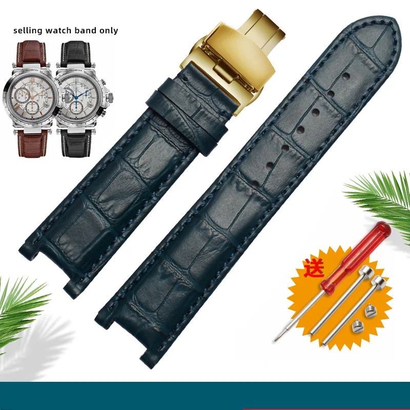 Genuine Leather Watchband with Stainless Steel Butterfly Buckle