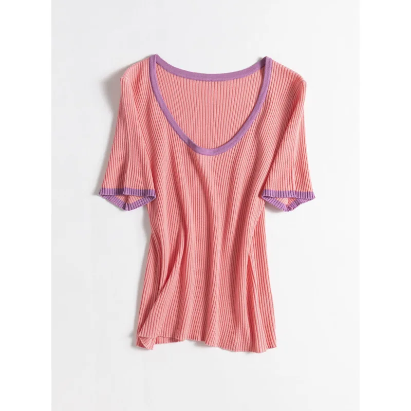 

Contrast U Neck Wool Silk Knitted T-shirt Women Slim High Elasticity Short Sleeve Elegant Tops