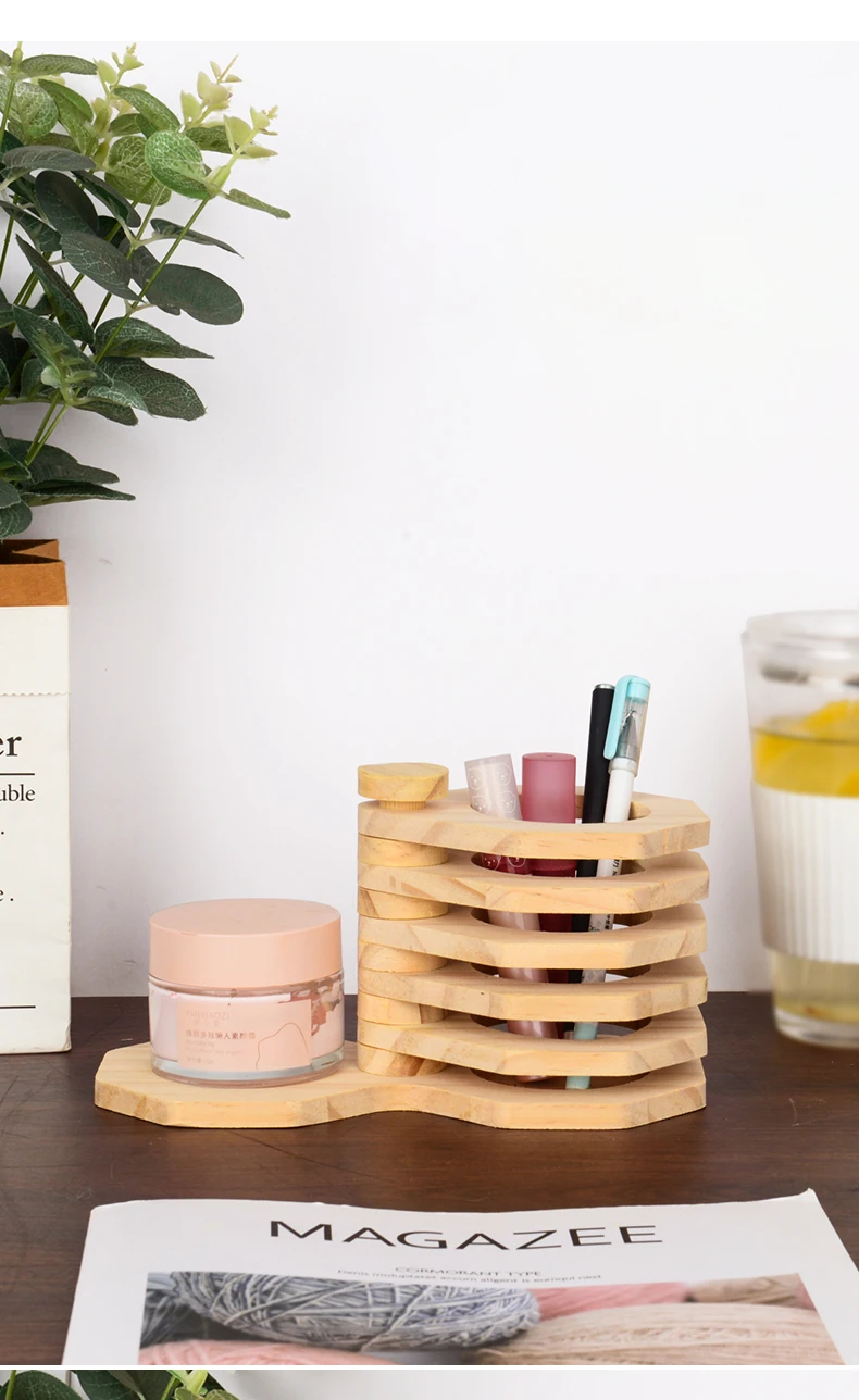 Description Picture 3 of itemWooden Pen Holder, Creative Desktop Pencil Holder Makeup Brush Organizer 360° Rotating Cosmetic Storage Rack Stationery Box
