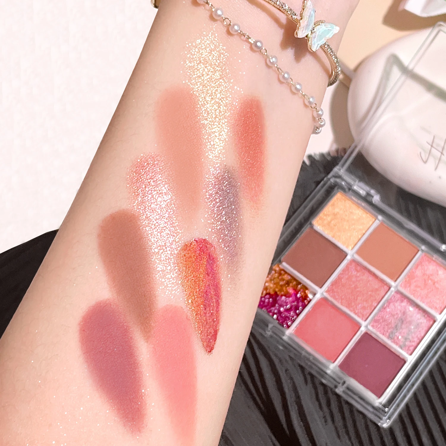 Summer 9 color eyeshadow palette: Orange brown, pink and gold, matte shimmer effect, lasting makeup, keep glitter rose Eyeshadow 2