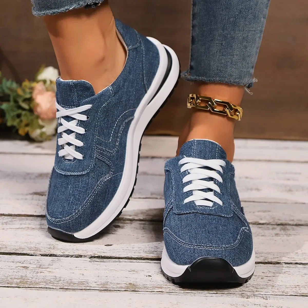 Blue Denim Platform Sneakers Women Fashion Thick Sole Lace Up Sports Shoes Woman Plus Size 43 Comfortable Casual Female Sneakers 3