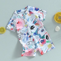Baby Girls Boys Rash Guard Swimsuit Playsuits Rompers Watercolour Print Zipper Short Sleeve Sun Protection Bathing Suit 3