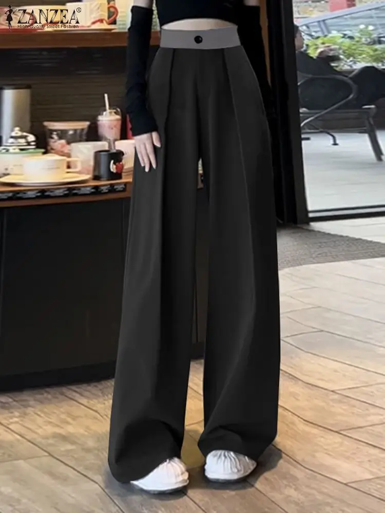 

Брюки ZANZEA Женские винтажные с широкими штанинами, повседневные свободные плиссированные штаны с завышенной талией, уличная одежда в Корейском стиле с цветными блоками