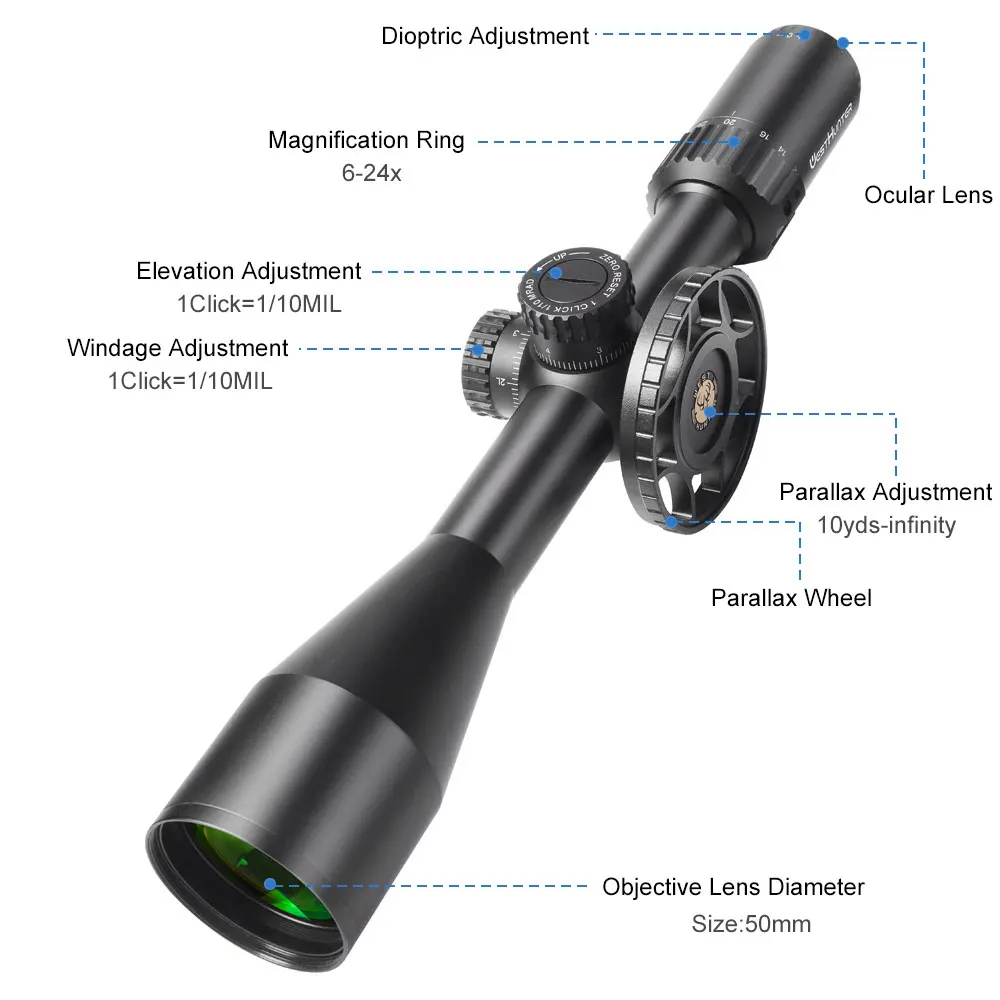 WestHunter HD Gen2 6-24x50 FFP Riflescopes First Focal Plane Hunting Scopes with Zero Reset / Zero Stop Tactical Optical Sights