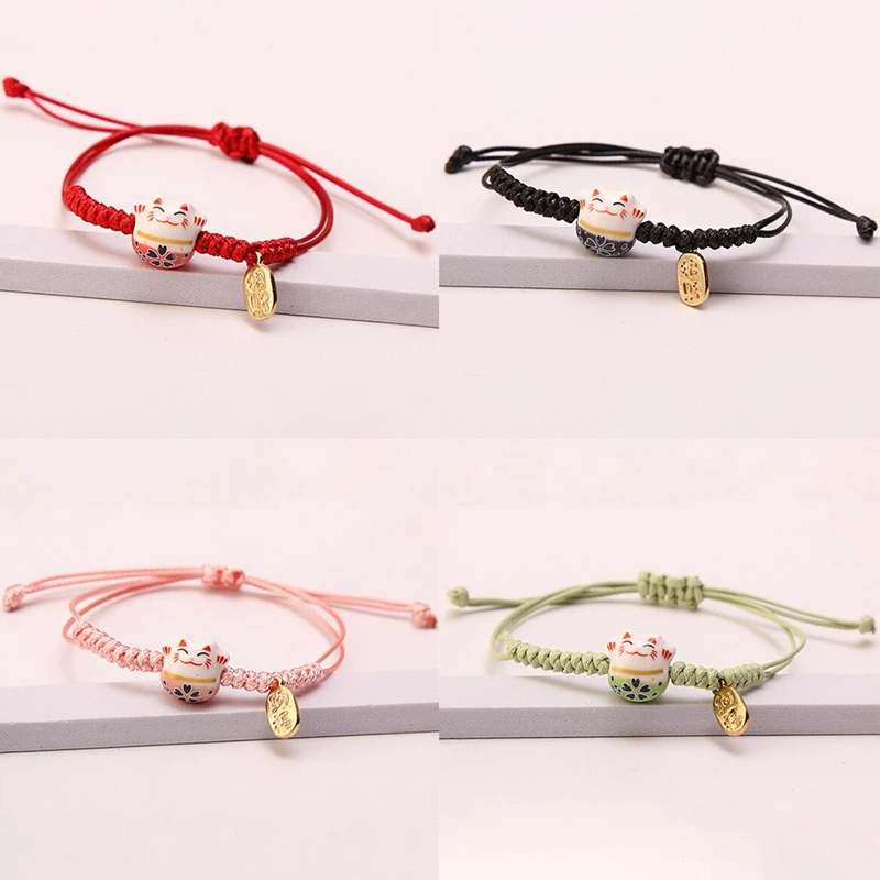 Ceramic Lucky Cat Braided Bracelet for Women Cute Animal Kitten Hand-woven Adjustable Bangles Party Harajuku Jewelry Gift