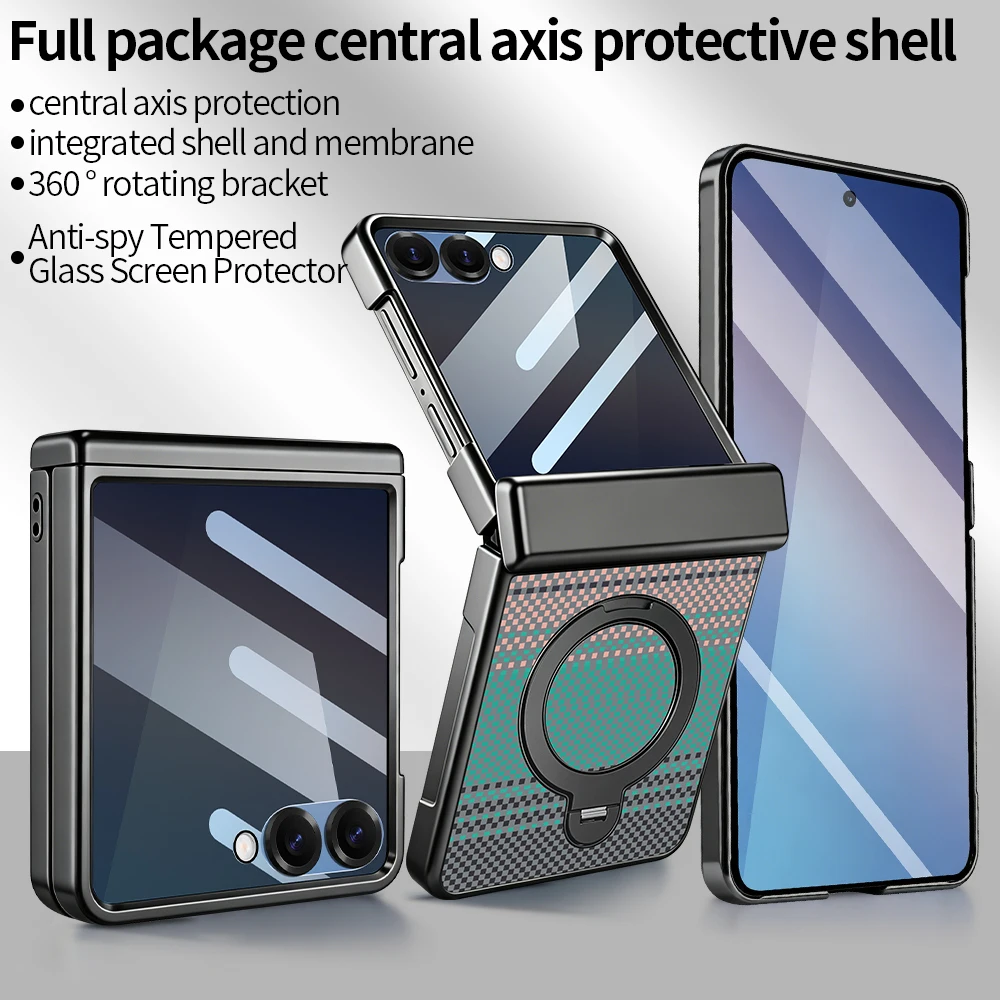 Premium Carbon Fiber Phone Case with 360° Rotating Stand and Privacy Glass Screen Protector
