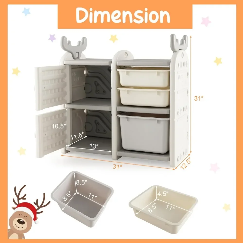 Toy Storage Organizer with Bins, Multipurpose Bookshelf and Toy Chest with Antler Top, Enclosed Cabinets & Pull-Out Drawers 3