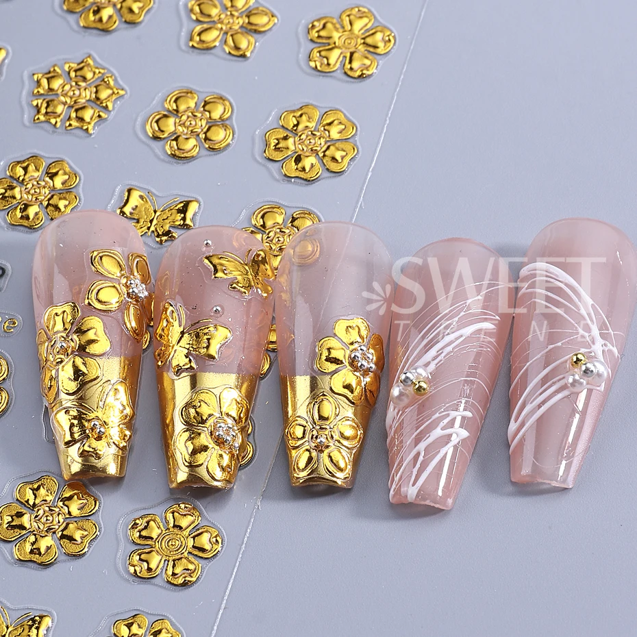 1/3pcs/set 5D Embossed Flower Nail Art Stickers Rose Gold Flower Butterfly Nail Decals Summer Manicure Nail Supplies Decoration