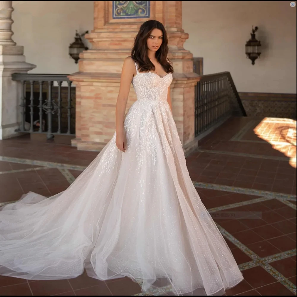 

Luxury Wedding Dress Exquisite Spaghetti Straps Sparkly Beading Dresses Classic Long A-line Bridal Gown Vestidos De Novia W10153