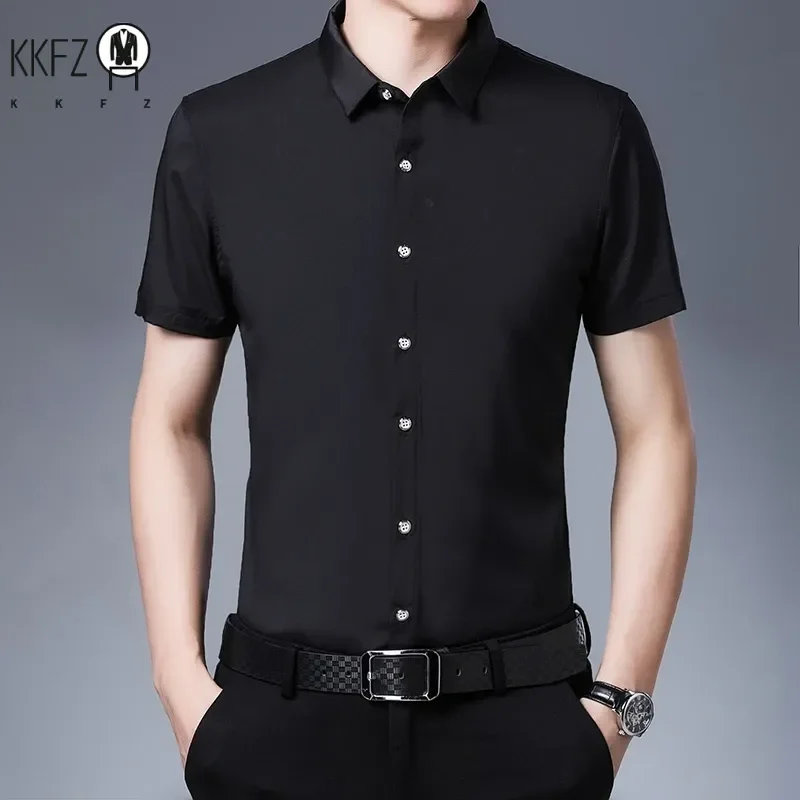Men's Business Casual Solid Color Short Sleeved Shirt Non Ironing Comfortable Top 4