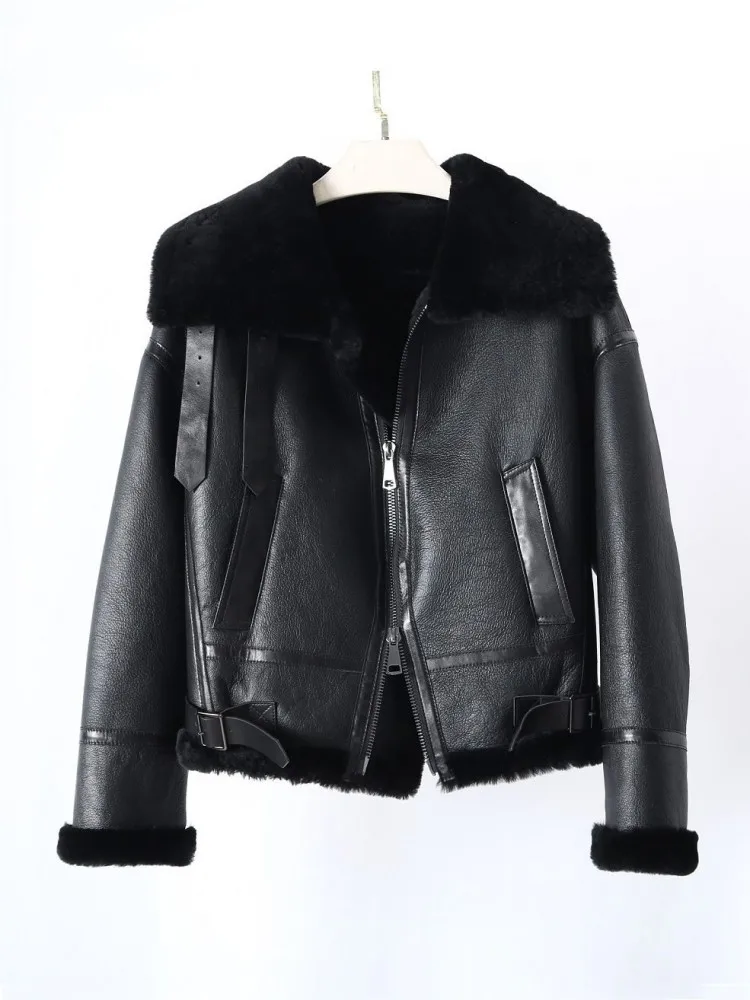 Winter Womens Shearling Coat Warm Wool Liner Genuine Leather Motorcycle Jacket High Quality Streetwear Real Fur Short Overcoat