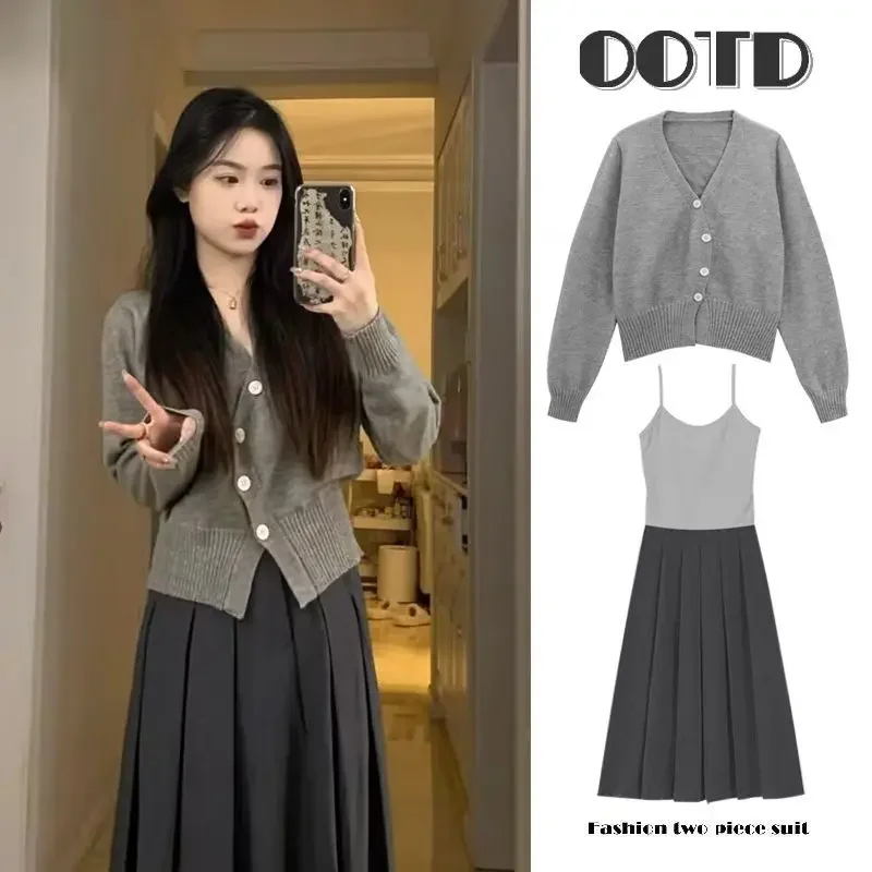 가을 컬렉션 임산부 의류 세트, V넥 니트 가디건, 트렌디 엄마 겉옷, 홍콩 스타일 디자인, 감성 원피스
