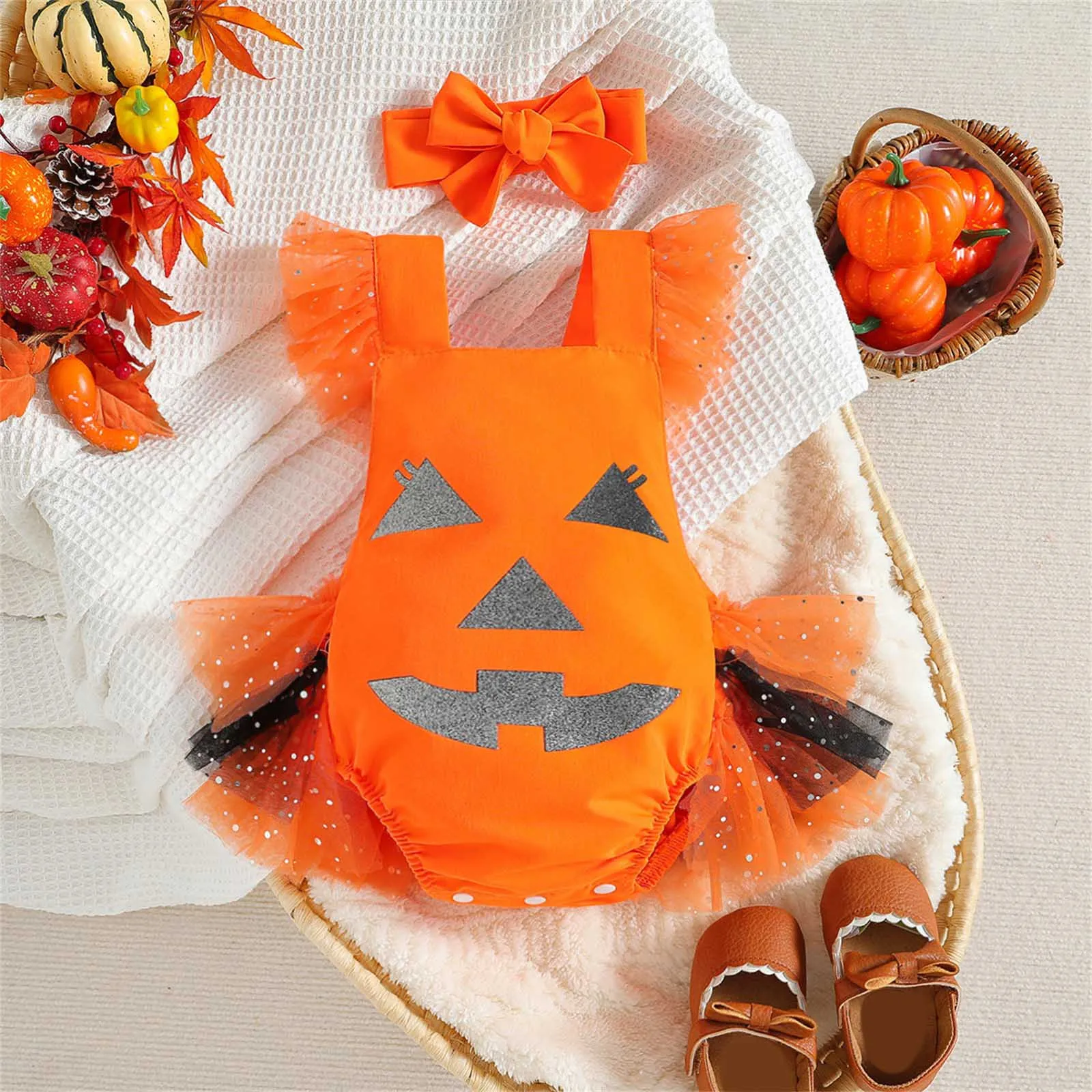 Halloween Pumpkin Newborn Romper Baby Girls Spring Autumn Sleeveless  Jumpsuit Tulle Bodysuit Headbands Infant 2Pcs Clothes Set