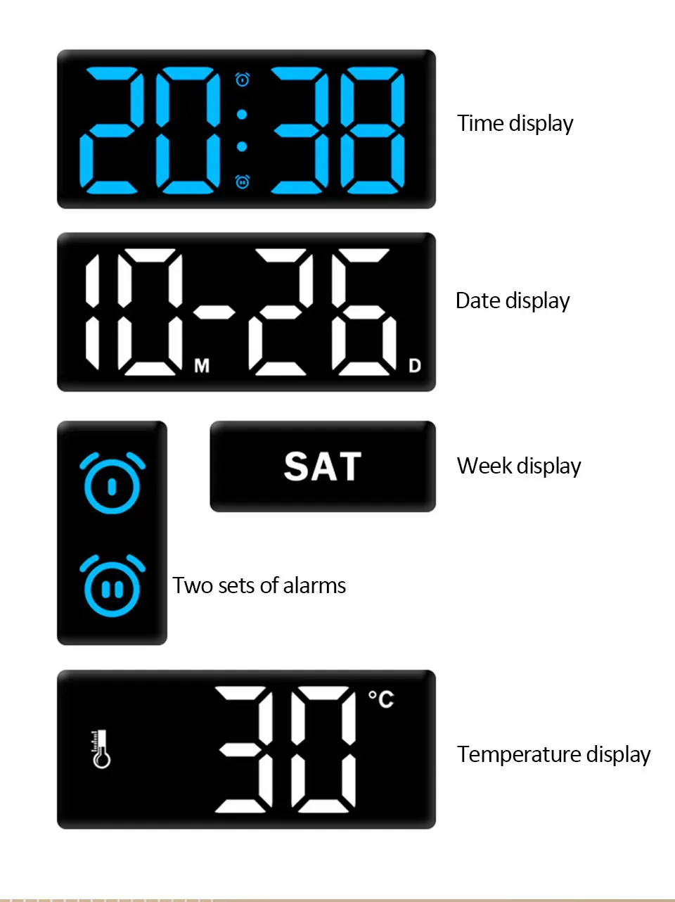 Description Picture 5 of item10inch LED Large Digital Wall Clock with Dual Alarms Calendar and Temperature Display Brightness Adjustable Countdown Home Clock