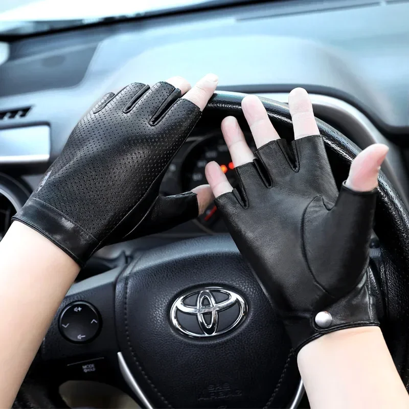 Fingerless Gloves Mens Sheepskin Half Finger Driving for Fitness Breathable Leather Sports Motorcycle