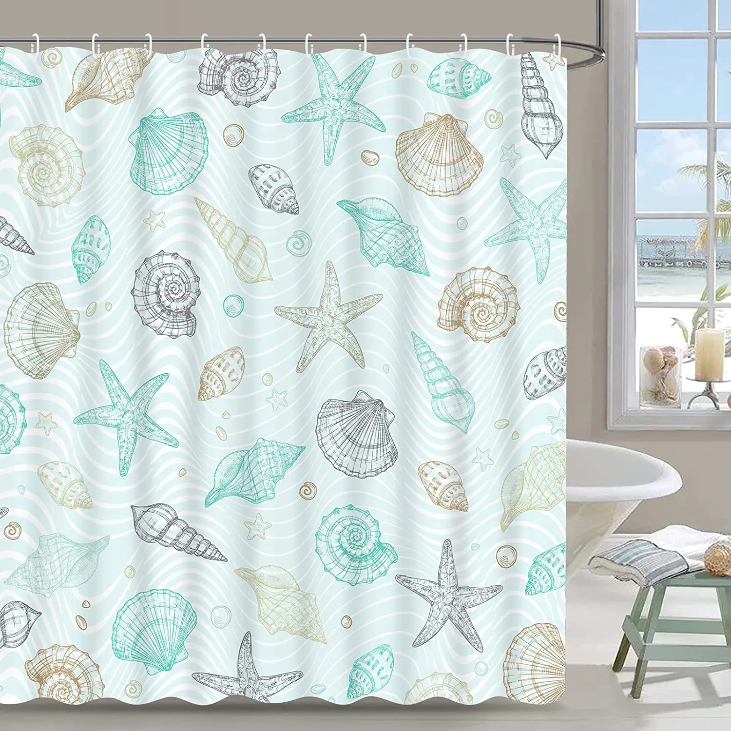 Nautical Coastal Shower Curtains Starfish Seashell Coral Reef Tropical Ocean Beach Marine Life Fabric Bathroom Decor with Hooks 4