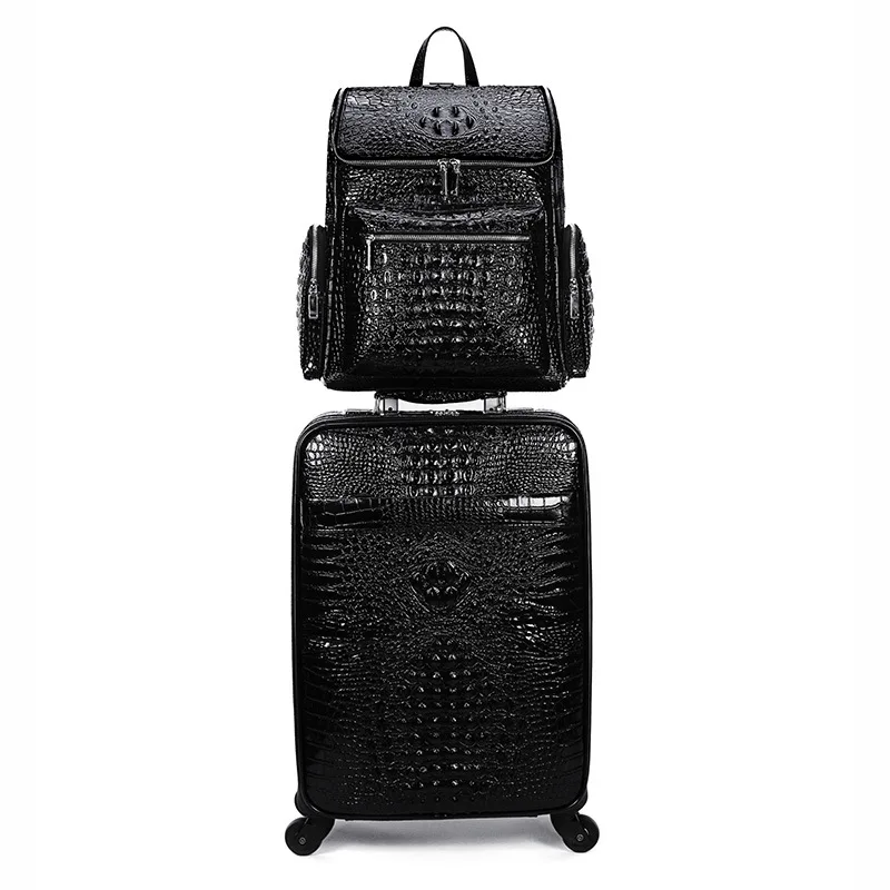 Genuine Leather crocodile pattern travel luggage with handbag backpack men's first layer cowhide trolley suitcase boarding case