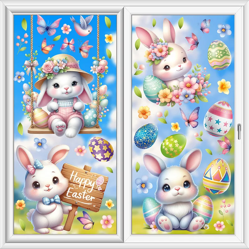 6Pcs Easter Window Stickers Double Sided Printed PVC Electrostatic Home Decor Glass Decals Reusble Easter Party Decorations