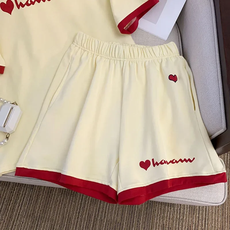 Contrast color design sense sports tracksuit women's summer loose Korean short-sleeved T Shirt + shorts Casual two-piece sets