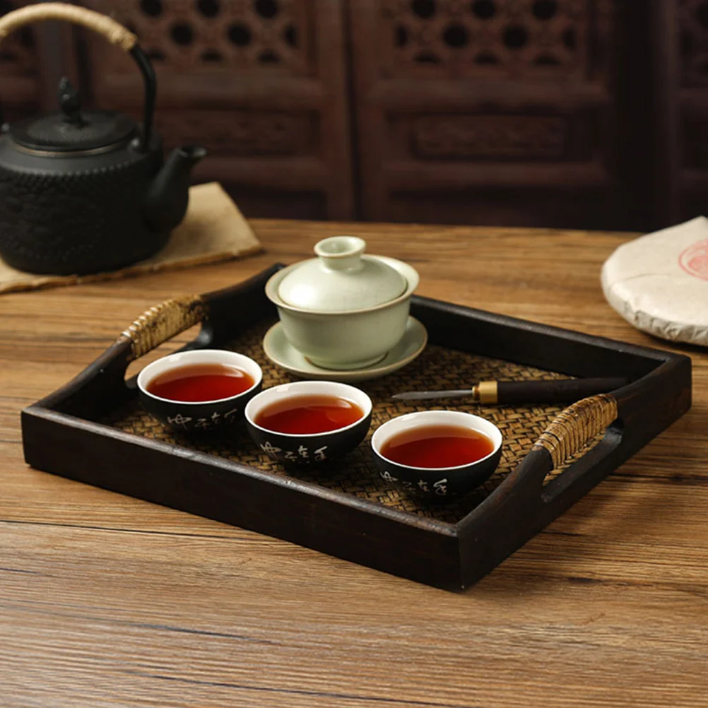 Wooden Rattan Tray Rectangular Tea Tray Fruit Serving Wood Snack Household Nuts Party Platter Coffee